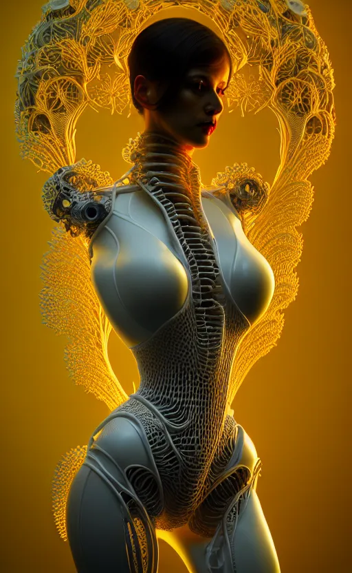 Image similar to intricate hyper detailed ultra sharp 3 d render of a beautiful smooth porcelain seductive cyborg woman portrait, medium shot portrait, bright light, alexandre ferra mecha, yellow deeply cyberpunk art nouveau haute couture huge fractal white mycelum and fungi head ornaments, big embroidered leaves filigree spreaded roots, octane render, volumetric cinematic lighting, 8 k, vray tracing