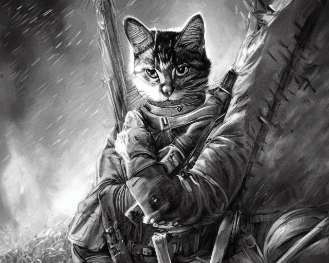 Image similar to A cat as a soldier in a world war 1 trench, close-up, black and white, amazing digital art, hyper detailed, artstation, in the style of Tony Sart