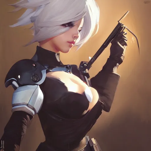 Image similar to greg manchess portrait painting of yorha type a no. 2 as overwatch character, medium shot, asymmetrical, profile picture, organic painting, sunny day, matte painting, bold shapes, hard edges, street art, trending on artstation, by huang guangjian and gil elvgren and sachin teng