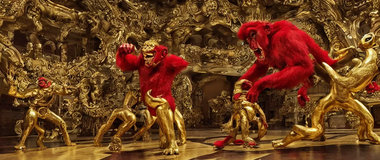 Prompt: Still from BIG MONKEY MOUNTAIN (2022) depicting the Big Monkey fighting the red beast in a massive ornate brutalist lobby with gold accents