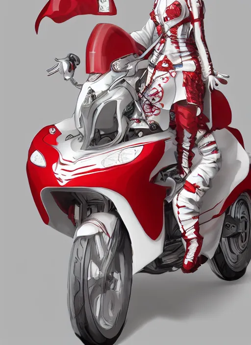 Prompt: albino maiko riding a hardcore motorbike, fluent composition,, red and white, concept art, ambient light, 4 k, intricate details, highly professionally detailed, cgsociety, highly detailed -