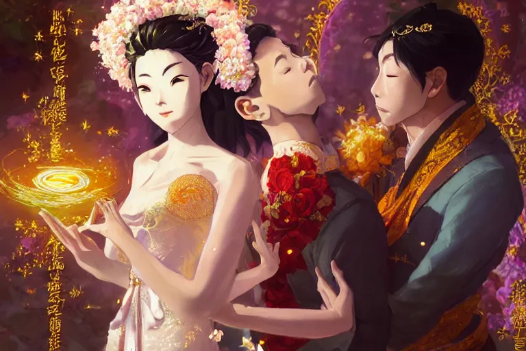 Image similar to a dreamlike portrait of wedding photograph close up moment of a divine a taiwan sun god and moon goddess lovers magician at a wedding banquet. portraiture. digital painting. artstation. concept art. fantasy wedding photo. digital painting, 8 k realistic, hyper detailed, by makoto shinkai and akihiko yoshida and hidari and wlop