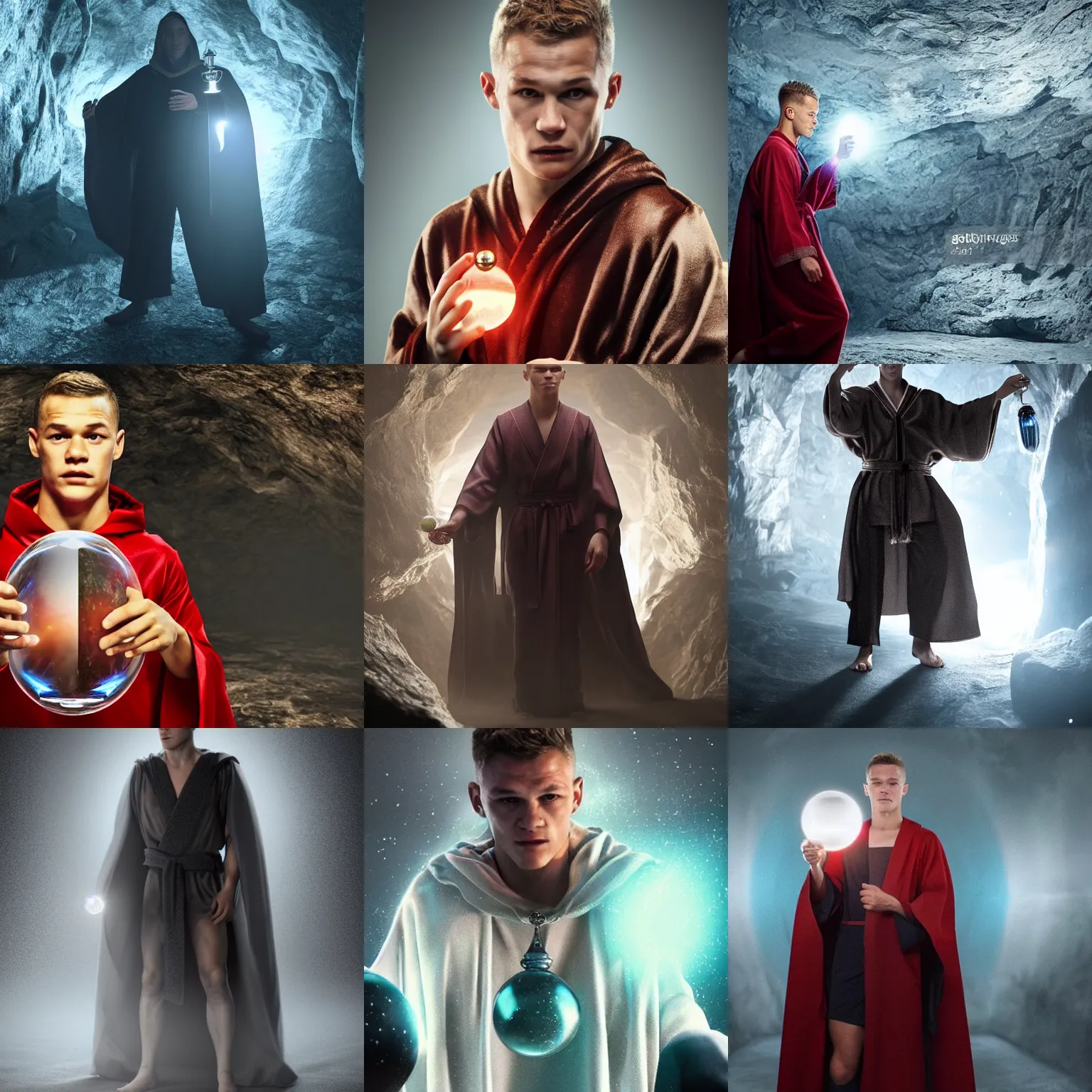 Prompt: Joshua Kimmich wearing a wizard robe holding a mystical glass orb. In a dark cave. Trending on Artstation octane render ultra detailed art by Ross Tan