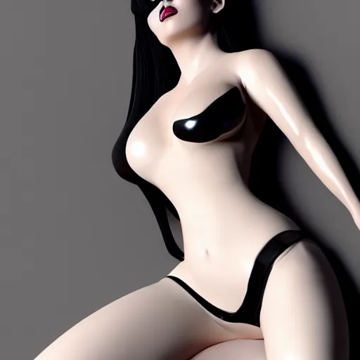 Image similar to feminine hot pale goth woman with tight curvy shiny outfit, photorealistic, sublime, relaxed posture, laying down, 16k, smooth, sharp focus, cgsociety, ArtStation, volumetric lighting