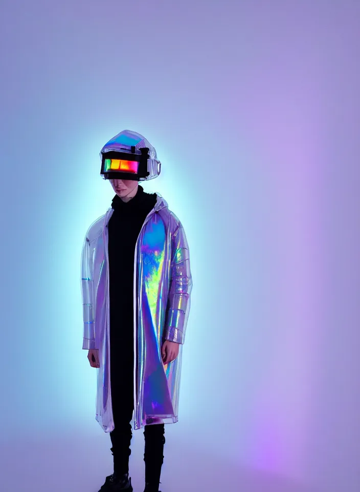 Image similar to an ultra high definition professional studio quality photograph of an artificially intelligent cyberpunk art influencer wearing a transparent iridescent pastel coloured visor and matching wavey raincoat on white coat hook in a sheer icelandic black rock environment. three point light. dramatic lighting. volumetric shadows. light rays