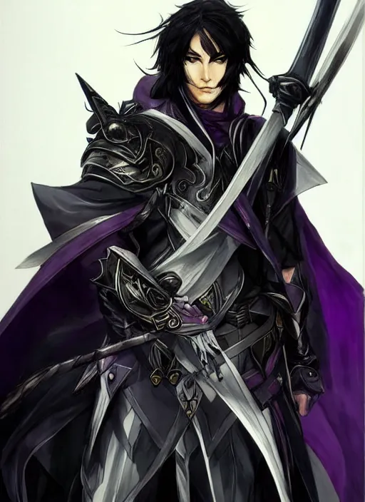 Image similar to Half body portrait of a handsome black haired elven warrior with purple sword. In style of Yoji Shinkawa and Hyung-tae Kim, trending on ArtStation, dark fantasy, great composition, concept art, highly detailed.