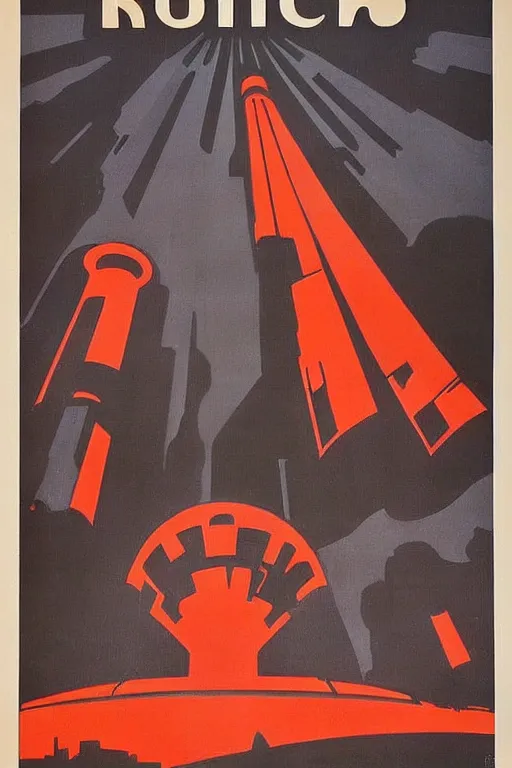 Image similar to ussr propaganda poster of 1 9 5 0 s nuclear war, futuristic design, dark, symmetrical, washed out color, centered, art deco, 1 9 5 0's futuristic, glowing highlights, intense
