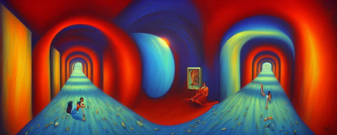 Prompt: long tunnel ego - self axis, surrealistic painting by ronny khalil