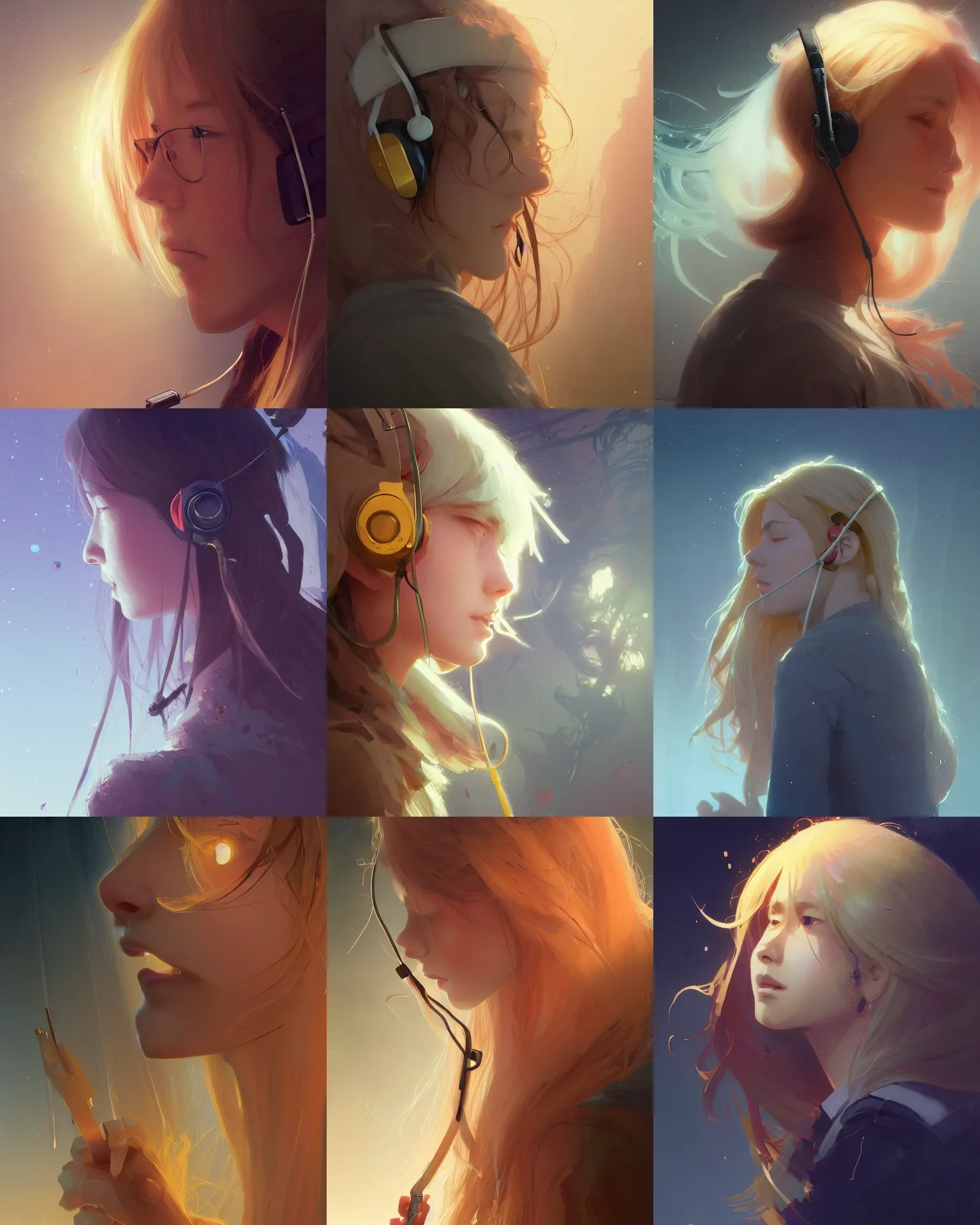 Prompt: museum curator of abstract work with a headset and long golden hair, medium shot close up, details, sharp focus, illustration, by Jordan Grimmer and greg rutkowski and PiNe(パイネ) and 薯子Imoko and 香川悠作 and maya takamura, intricate, beautiful, Trending artstation, pixiv, digital Art