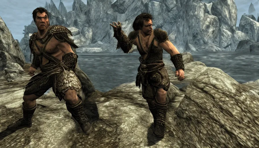 Prompt: character screenshot of chael sonnen, skyrim, wilderness, 1 0 8 0 p, bokeh, elder scrolls v, detailed, dialog