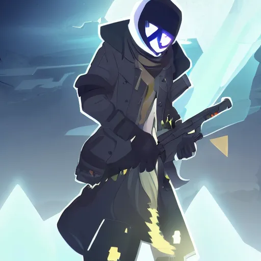 Image similar to poster soldier in trench coat looking up at crystal, hyperlight drifter, black color smoke, black rock shooter, wallpaper, chris newman