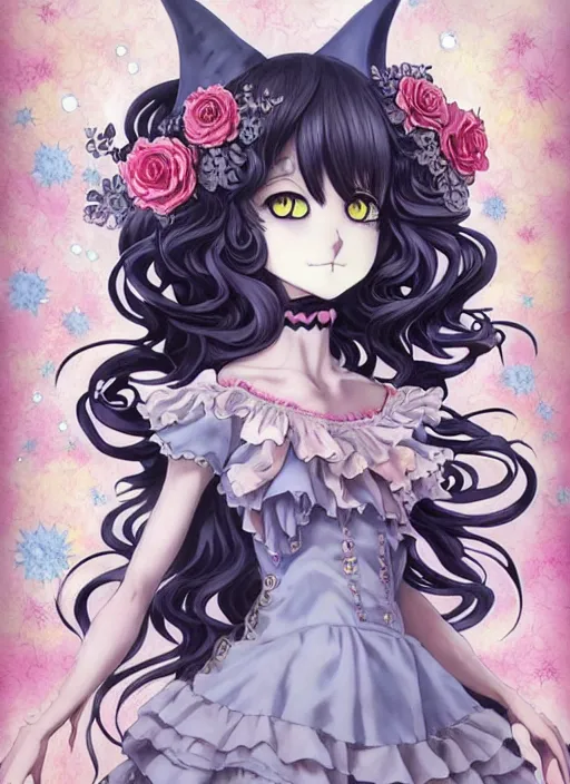 Image similar to manga character design of beautiful cat girl witch with a robot, curls hair, rococo ruffles dress, rosette, symmetrical face, cute, fairy, by kelly mckernan, mai yoneyama, takeshi obata, katsuhiro otomo, detailed background, illustration, artstation, concept art, highly detailed, colorful, maximalist