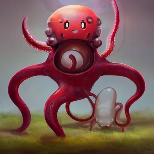 Image similar to a cute beautiful stone - type pokemon with beautiful happy smile, red tentacles bursting out of his hair, full body portrait, highly detailed digital art, 3 d perspective, award - winning illustration, aesthetic, smooth, pokemon style, made by greg rutkowski, with an alien landscape in the background