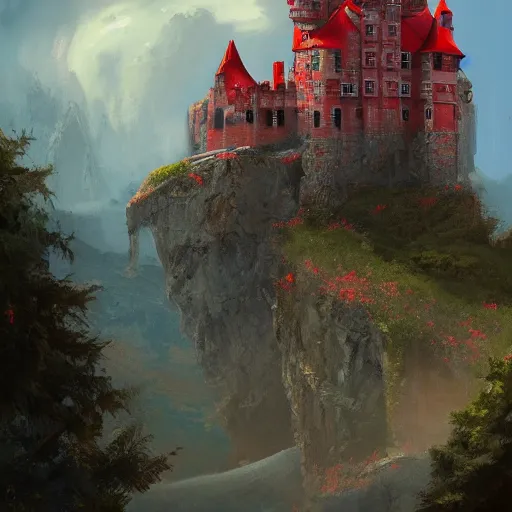 Prompt: a red castle is sitting on top of a large hill, Paul Chadeisson, high res artstation canvas