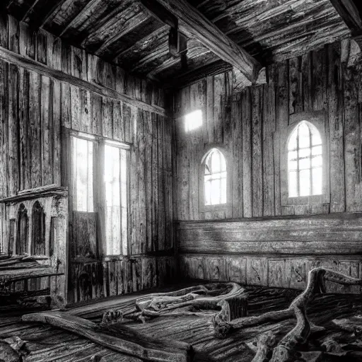 Image similar to shot of a monstruous creature inside of an old wooden church, louisiana, southern gothic,