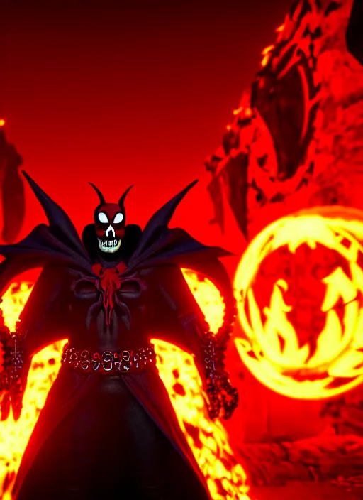 Prompt: character portrait of spawn hero, hellpunk, crimson energy radiating everywhere, hellish skull inferno in background, 8 k unreal engine render, photorealistic, rule of thirds, cinematic