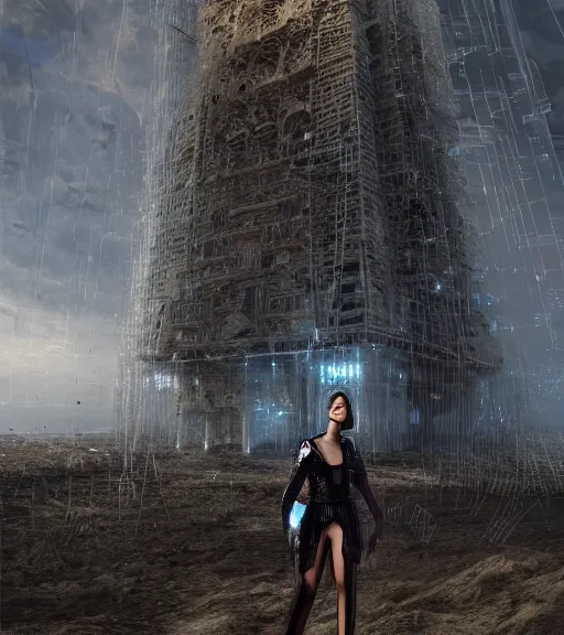 Image similar to tarkovsky greatest scene, the falling apart ancient destroyed majestic tower of babylon, a woman in futuristic cyber clothing, transparent puffer jacket, hyper realistic, cyber blockchain, cyber world, ambient lighting, concept art, intricate, hyper - detailed, smooth, dynamic volumetric lighting, octane, ray trace, cinematic, high quality, high resolution, 4 k, cgsociety