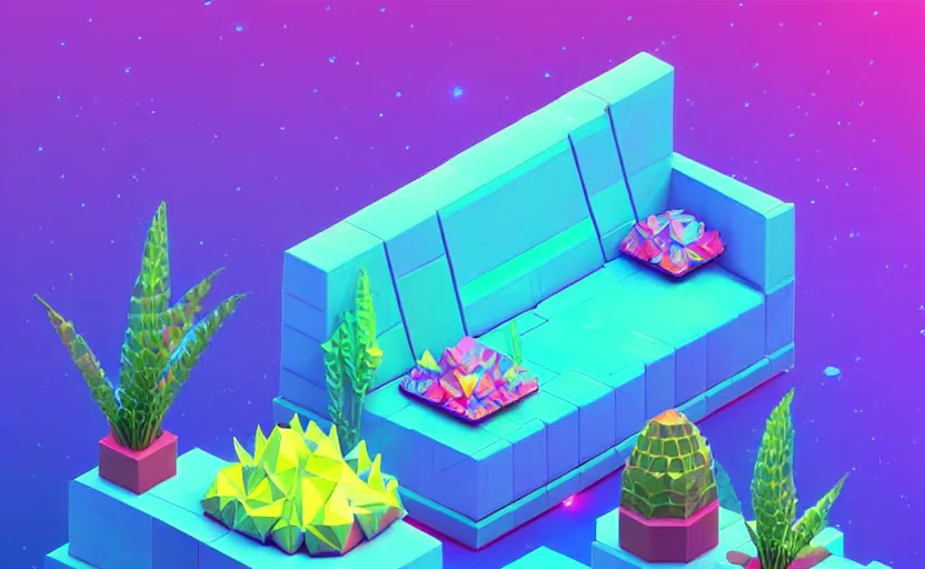 Prompt: isometric low poly isometric crystal plant sofa with alien aesthetic inspired by pandora in the avatar movie, it has bioluminescent plants growing on top of it, beautiful neon orange - yellow with blue hints and it's bedecked with some sparkling crystals all over the place. black background, night isometric artstation neon. behance, pinterest