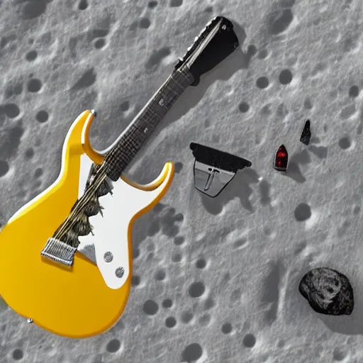 Image similar to a detailed, realistic, idle, regular sized electric guitar next to a detailed, realistic, idle, regular sized beer can on the moon. detailed photo. realistic photo