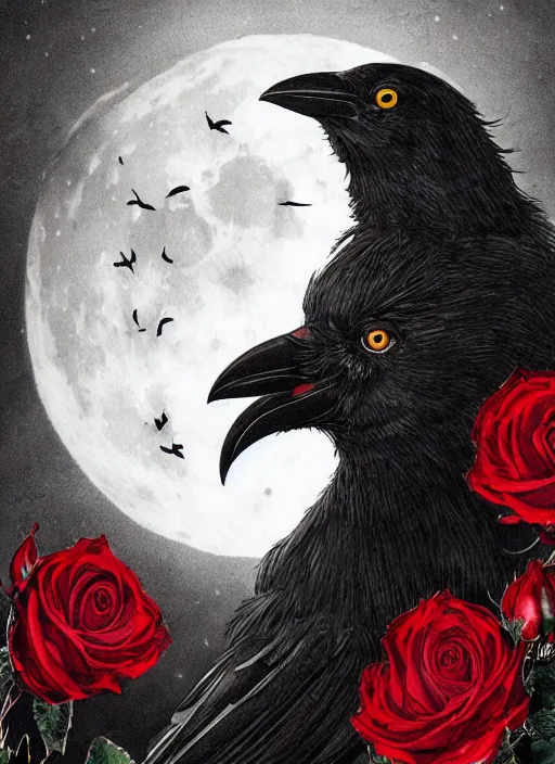 Image similar to portrait, A crow with red eyes in front of the full big moon, book cover, red roses, red white black colors, establishing shot, extremly high detail, foto realistic, cinematic lighting, pen and ink, intricate line drawings, by Yoshitaka Amano, Ruan Jia, Kentaro Miura, Artgerm, post processed, concept art, artstation, matte painting, style by eddie mendoza, raphael lacoste, alex ross