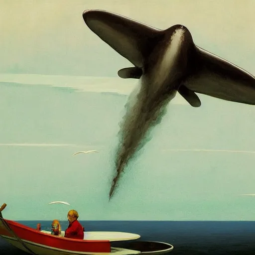 Prompt: Giant whales fly through the air, as a tornado approaches, by Takashi Murakami, Edward Hopper, Bo Bartlett, and Cynthia Sheppard, Artstation