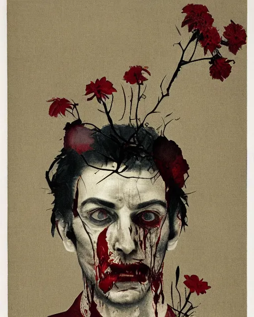 Prompt: a beautiful but sinister man in layers of fear, with haunted eyes, wearing a linen shirt, 1 9 7 0 s, seventies, floral wallpaper, wilted flowers, a little blood, morning light showing injuries, delicate ex embellishments, painterly, offset printing technique