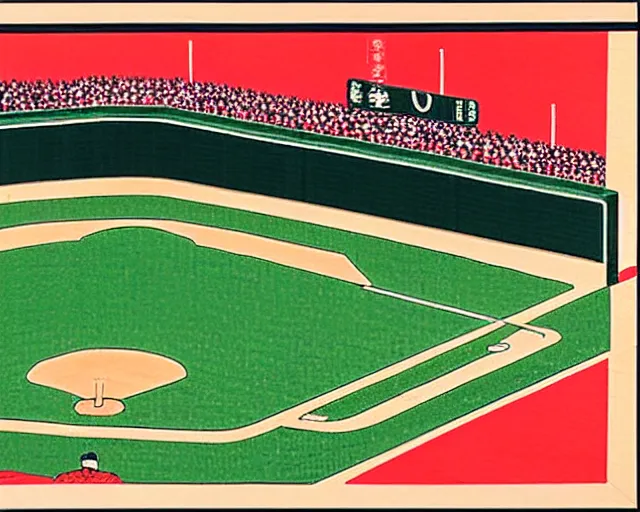 Image similar to ukiyo - e portrait of fenway park, green monster wall in left field, boston red sox