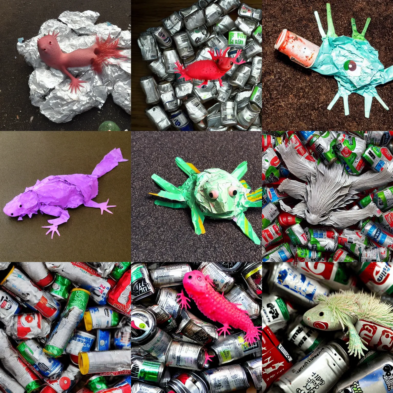 Prompt: an axolotl made of crumpled soda cans