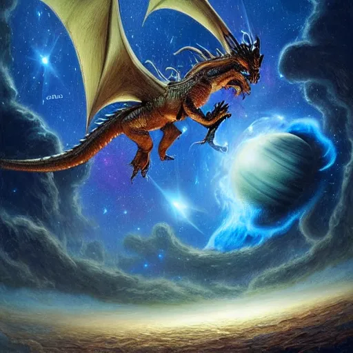 Image similar to A beautiful conceptual art of a dragon in space by Justin Gerard. The dragon is in the foreground with its mouth open, revealing rows of sharp teeth. Its body is coiled and ready to strike, and its tail is wrapped around a star in the background. The colors are bright and the background is full of stars and galaxies. The overall effect is one of chaotic energy and movement. stonepunk, catholicpunk by Anders Zorn ornate