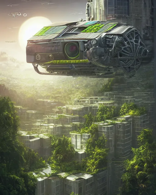 Image similar to solarpunk vehicle above a city, scifi, futuristic, bright light, highly detailed, concept art, green plants, research complex, school, drones, solar panels, flowers, utopia, sharp focus, trending on artstation, intricate, atmosphere, raining, art by roman makarenko, dzung phung dinh