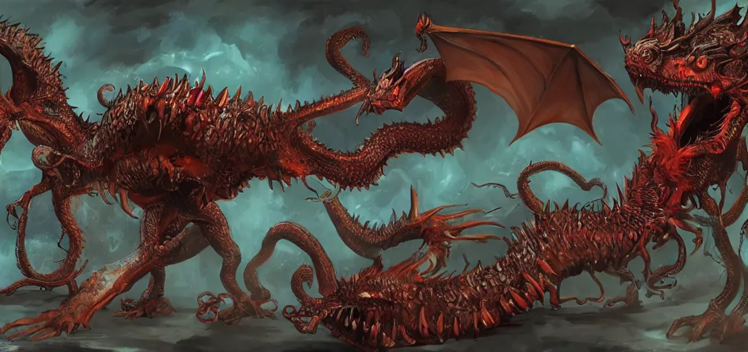 Image similar to concept art of dragon attack, lovecraftian, lots of teeth, melting horror, feathers, fighting the horrors of the unknown with laser guns