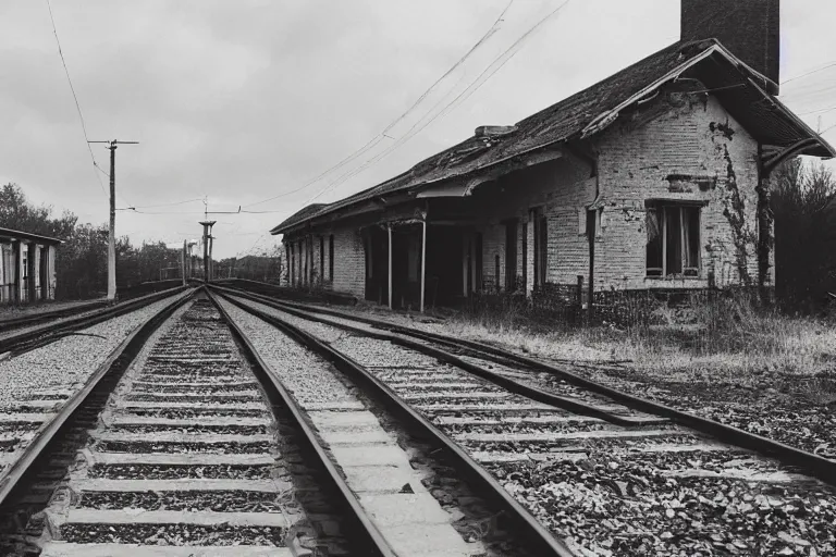 Image similar to vintage photograph of an abandoned railway station, 35 mm lens, shot on film, trending on 500px