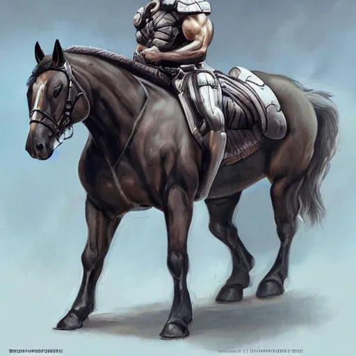 Image similar to a musclebound anthropomorphized horse with mountainous, bulging muscles, wearing a tight kevlar battle outfit in a corridor of a facility, equine, anthro art, furaffinity, highly detailed, digital painting, artstation, sharp focus, game art, concept art, illustration, art by artgerm, greg rutkowski, wlop