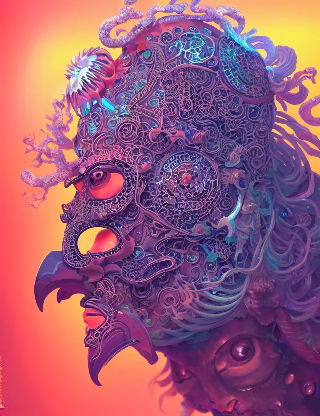 Image similar to 3 d goddess close - up profile solarpunk portrait ram skull. beautiful intricately detailed japanese crow kitsune mask and clasical japanese kimono. betta fish, jellyfish phoenix, bio luminescent, plasma, ice, water, wind, creature, artwork by tooth wu and wlop and beeple and greg rutkowski