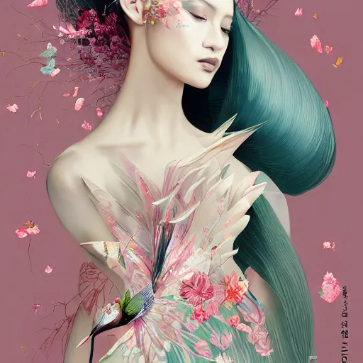 Image similar to 3 / 4 view of a beautiful girl wearing an origami dress, eye - level medium shot, fine floral ornaments in cloth and hair, hummingbirds, elegant, by eiko ishioka, givenchy, carl - gustav carus, by peter mohrbacher, centered, fresh colors, origami, fashion, detailed illustration, vogue, japanese, reallusion character creator