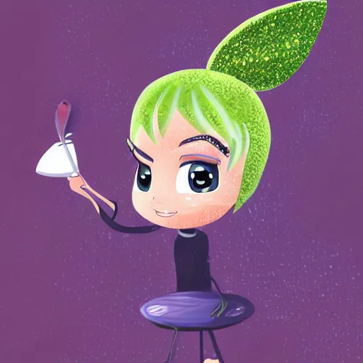 Image similar to detailed 4k UHD digital painting of chibi Tinkerbell in a coffee cup hungover with heavy eyeliner wearing a towel