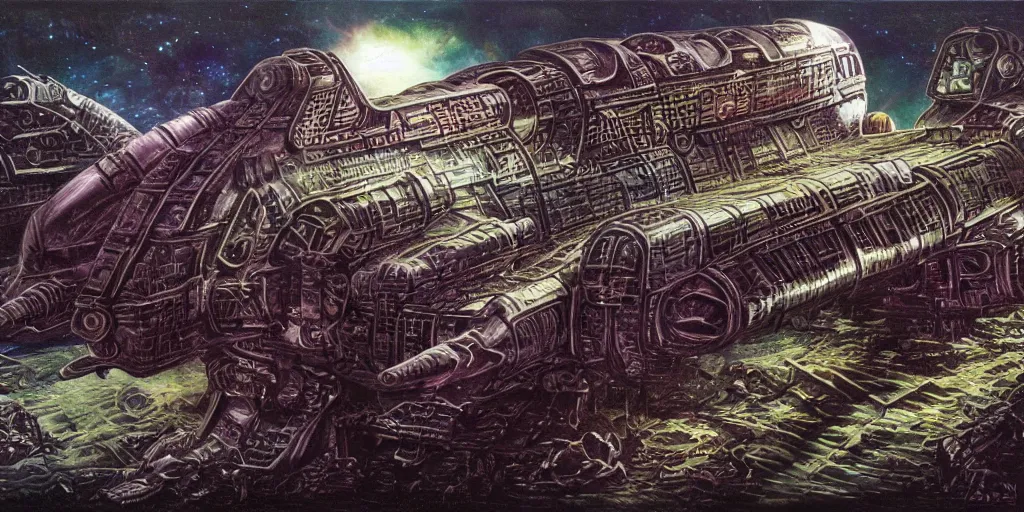 Prompt: an eldritch brutalist gothic airbrush painting of a voidpunk starship ready for battle, illustrated by hg wells, warhammer 4 0 k, lisa frank, josh kirby imperium of man juggernaut, sci - fi and cyberpunk, clean linework, obsidian hull, technological, artificial bejeweled and gilded