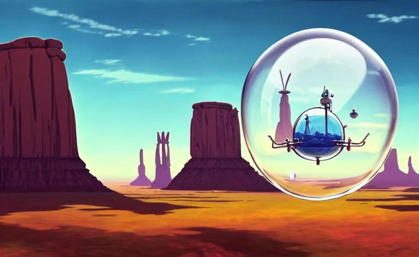 Prompt: a scary hyperrealist painting of a rocketship in a giant transparent bubble from howl's moving castle ( 2 0 0 4 ) in a flooded monument valley stonehenge jungle. depth perception, 4 k, artstation, in the style of studio ghibli