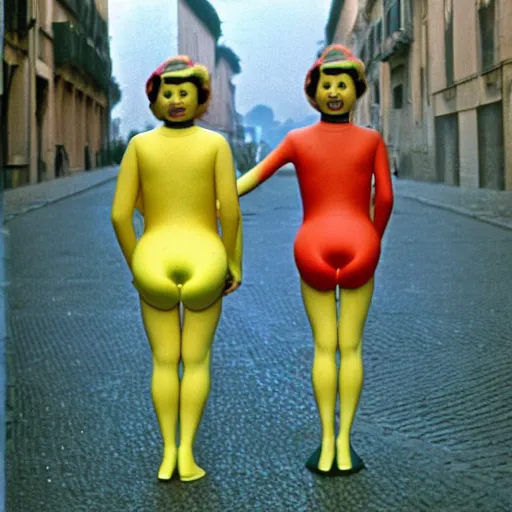 Image similar to two women dressed as squishy inflatable toys from behind, on the streets of rome, film still, fellini 1977 technicolor