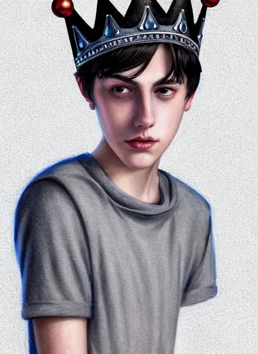 Image similar to portrait of teenage jughead jones wearing a light grey crown, photorealistic, crown, eyes closed, crown, black hair, intricate, elegant, glowing lights, highly detailed, digital painting, artstation, concept art, smooth, sharp focus, illustration, art by wlop, mars ravelo and greg rutkowski