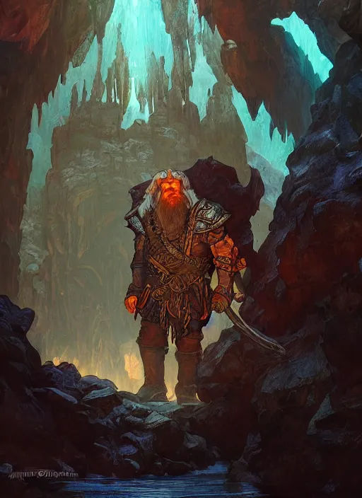 Image similar to Dwarven miner exploring deep caverns. Fantasy concept art. Moody Epic painting by James Gurney, and Alphonso Mucha. ArtstationHQ. painting with Vivid color. (Dragon age, witcher 3, lotr)