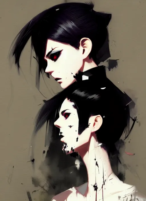 Prompt: ultradetailed beautiful panting of a stylish goth woman wearing a shirt with a tie, dramatic, she has black hair, distressed, by greg rutkowski, ashley wood, makoto shinkai, ilya kuvshinov, on artstation