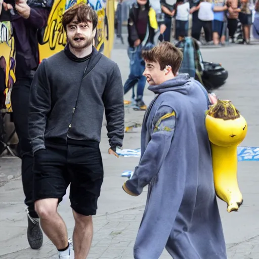 Image similar to daniel radcliffe wearing a banana costume, ultra details, photo, 8 k