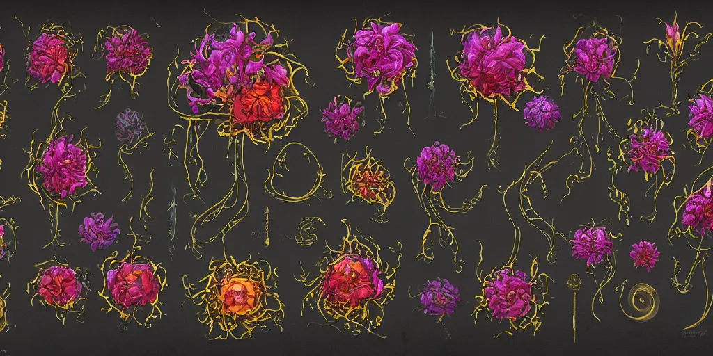 Prompt: reference sheet of unique lovecraftian flower on black background, in gouache detailed paintings, props, stylized, 2 d sprites, kitbash, 8 k, close up