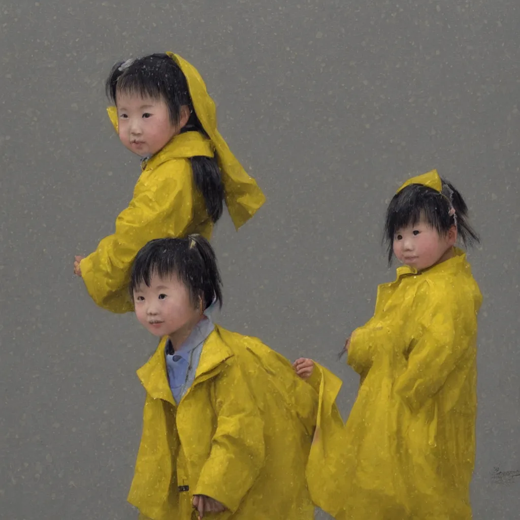 Prompt: of portrait of a little Chinese girl in yellow rain coat.