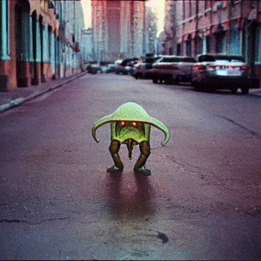 Image similar to an alien creature stands on a soviet street, cinestill 8 0 0 t