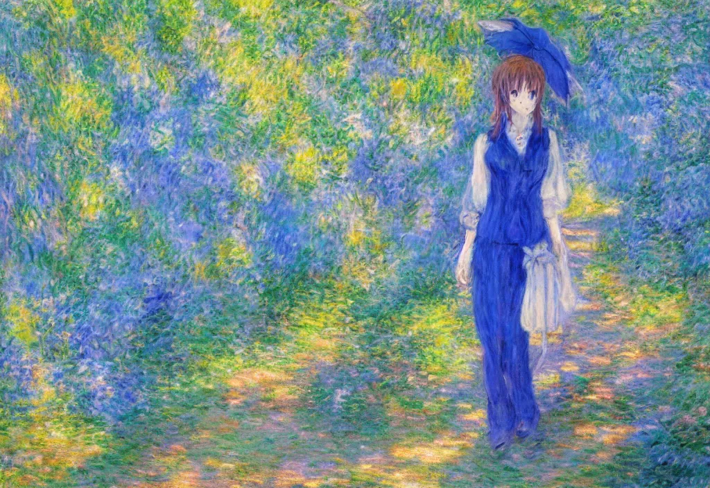 Image similar to anime scenery, blue outfit, very anime in impressionist style, trending artwork, anime painter studio, by claude monet