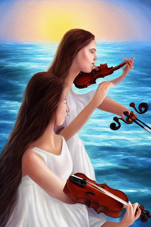 Prompt: beautiful mystical digital painting girl playing violin wearing a long white dress over a wavy ocean