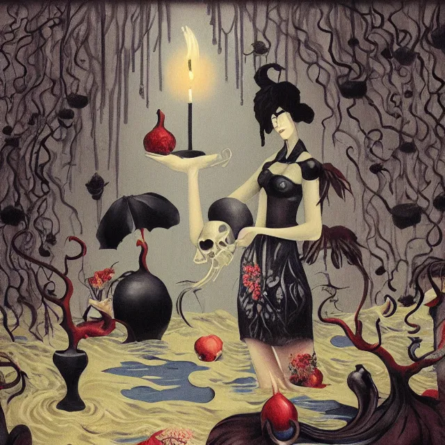 Image similar to tall female catgirl artist holding a skull in her flooded apartment, pomegranates, octopus, water gushing from ceiling, painting of flood waters inside an artist's apartment, a river flooding indoors, candles, ikebana, zen, rapids, waterfall, black swans, canoe, berries, acrylic on canvas, surrealist, by magritte and monet