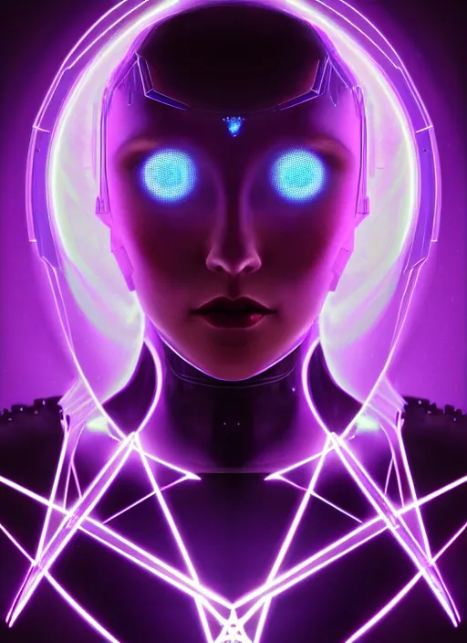 Image similar to symetrical close up portrait of lady voidstar in full high tech close fitting armor, robotic arms, glowing diagram of a swirl a pentagram and a star, intricate, elegant, purple, glowing lights, highly detailed, digital painting, artstation, concept art, smooth, sharp focus, illustration, art by wlop, mars ravelo and greg rutkowski